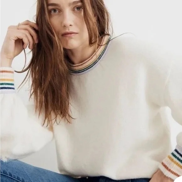 Madewell Rainbow Trim Gladwell Balloon-Sleeve Pullover Sweater - Picture 2 of 7